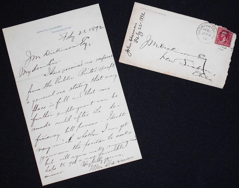 Item #008218 Handwritten letter to J. M. Dickinson, Lisbon, Ohio, from Senator John Sherman. John Sherman.