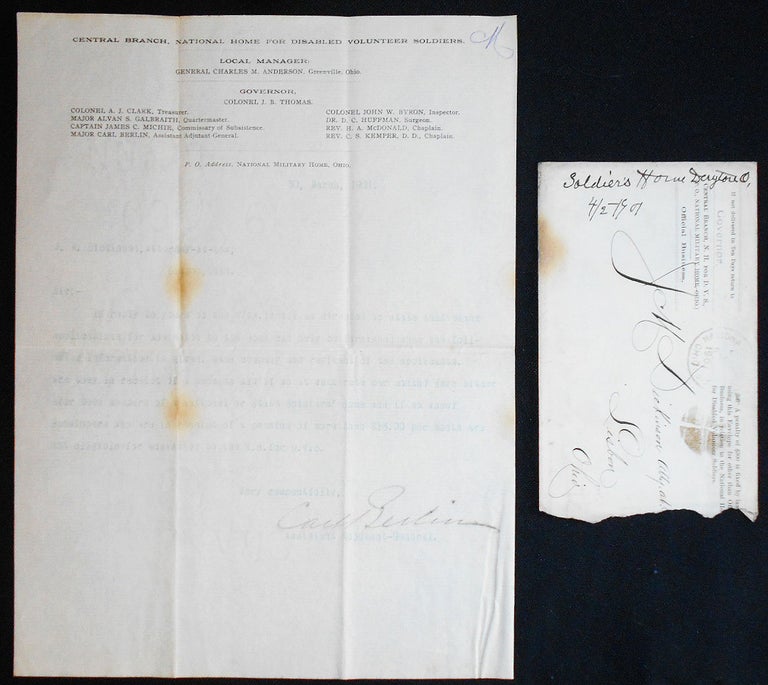 Item #008220 Typed letter, to J. M. Dickinson, Lisbon, Ohio, signed by Major Carl Berlin, Assistant Adjutant General. Carl Berlin.