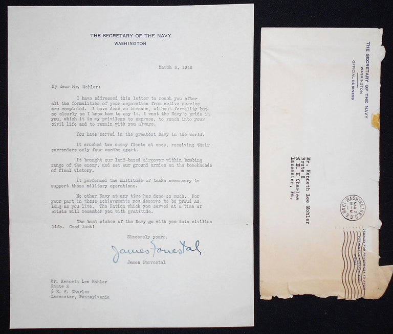 Item #008221 Typed letter, signed by James Forrestal, Secretary of the Navy, to Kenneth Lee Mohler. James Forrestal.