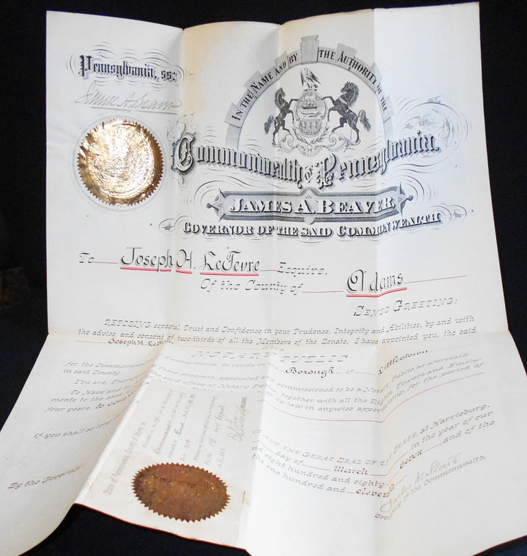 Item #008223 Commission from Pennsylvania Governor James A. Beaver naming Joseph H. LeFevre, Esquire, of Littlestown, Adams Co., a Notary Public