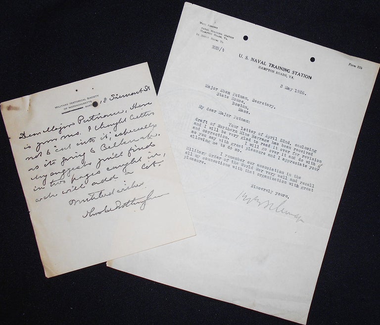 Item #008224 Typed letter signed by Captain Reginald R. Belknap to Major Eben Putnam. Reginald Rowan Belknap.