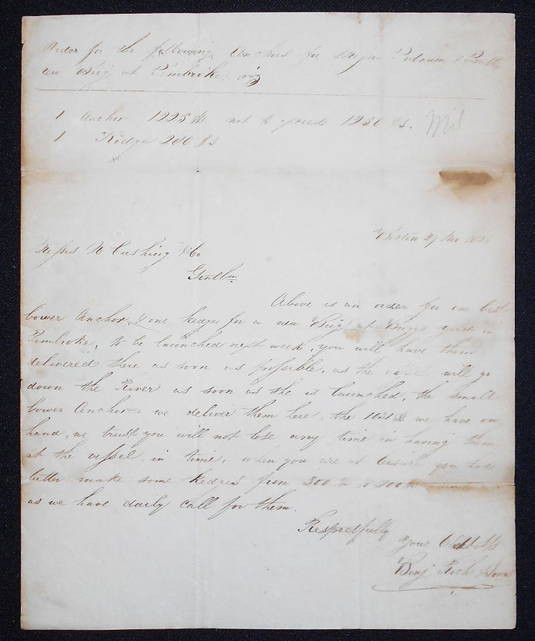 Item #008225 Benjamin Rich & Sons to Nathaniel Cushing & Co. re: order for anchors