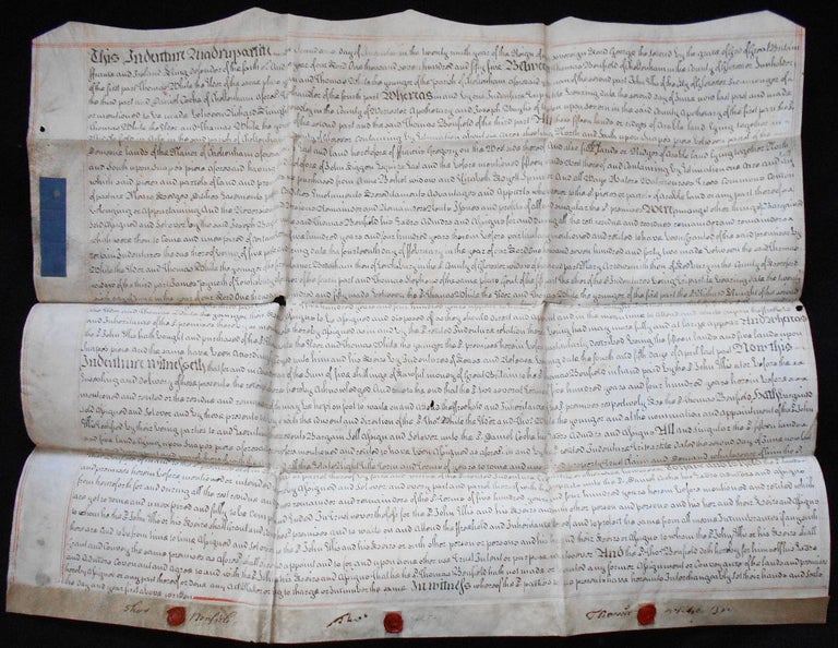 Item #008307 1 handwritten parchment deed for land in the Parish of Cheltenham, Gloustershire, England. Thomas Benfield, Thomas the elder White, Thomas the younger White.