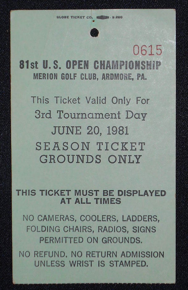Item #008382 81st U.S. Open Championship, Merion Golf Club, Ardmore, Pa., Ticket for June 20, 1981