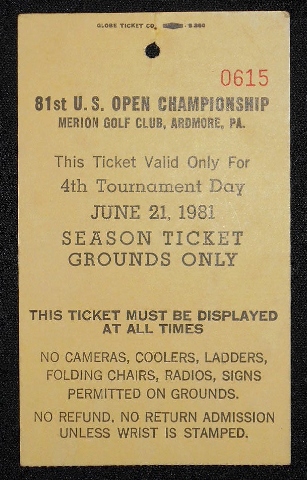 Item #008383 81st U.S. Open Championship, Merion Golf Club, Ardmore, Pa., Ticket for June 21, 1981
