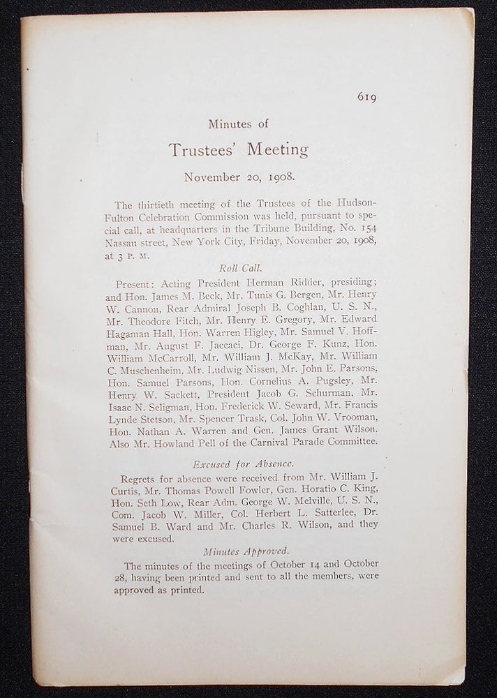 Item #008434 Minutes of Trustees' Meeting November 20, 1908 [and Nov. 30]. Trustees of the Hudson-Fulton Celebration Commission.