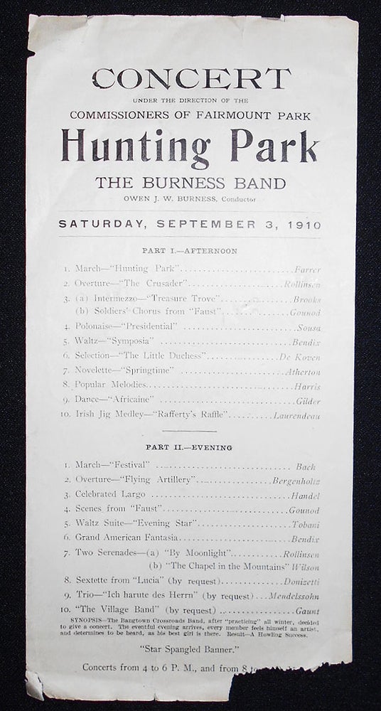 Item #008443 Concert under the Direction of the Commissioners of Fairmount Park -- Hunting Park -- The Burness Band -- Owen J. W. Burness, Conductor