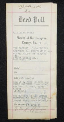 Item #008462 Deed for Sale by E. Albert Boyer, Sheriff of Northampton County, Pa., to the Society...