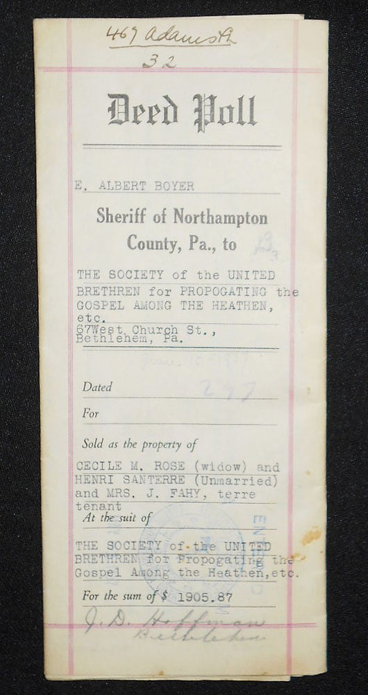 Item #008462 Deed for Sale by E. Albert Boyer, Sheriff of Northampton County, Pa., to the Society of the United Brethren for Propagating the Gospel Among the Heathen