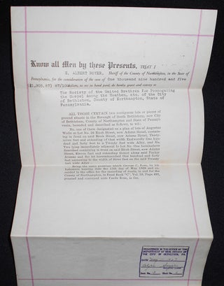 Deed for Sale by E. Albert Boyer, Sheriff of Northampton County, Pa., to the Society of the United Brethren for Propagating the Gospel Among the Heathen