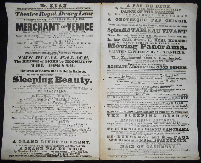 Item #008616 Playbill for Theatre Royal, Drury Lane, London, March 9, 1833 [Edmund Kean as Shylock]