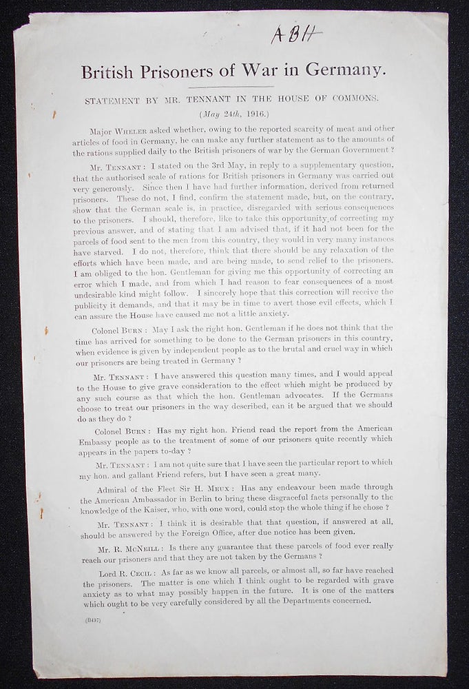 Item #008653 British Prisoners of War in Germany; Statement by Mr. Tennant in the House of Commons, (May 24, 1916). Harold John Tennant.