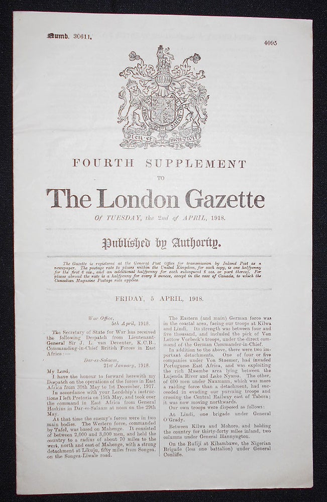 Item #008654 Fourth Supplement to the London Gazette of Tuesday, the 2nd of April, 1918 -- Numb. 30611. Jacob Louis Van Deventer.