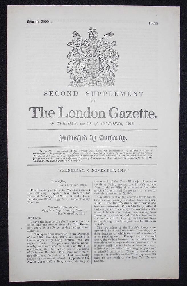 Item #008655 Second Supplement to the London Gazette of Tuesday, the 5th of November, 1918 -- Numb. 30994. Edmund Allenby.