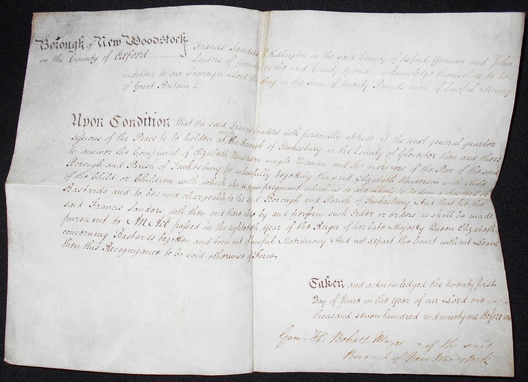 Item #008777 Handwritten Parchment Document involving Francis Sanders and Elizabeth Henderson and an out-of-wedlock pregnancy. Gamaliel Hodgkinson Bobart.