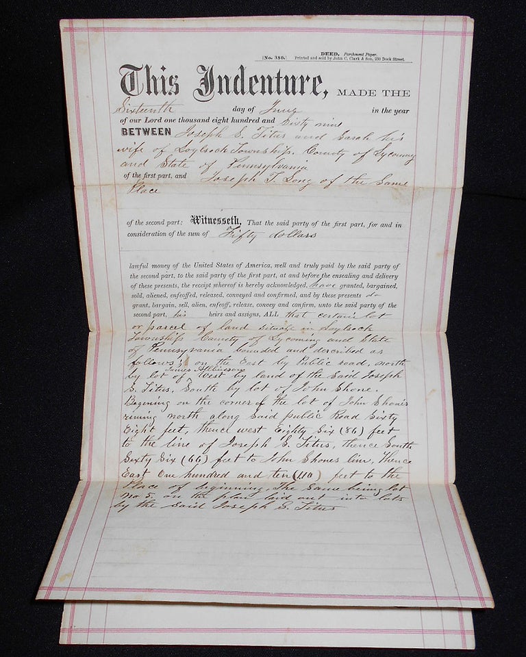Item #008787 Deed for Sale of Lot #5 laid out by Joseph S. Titus in Loyalsock Township, Lycoming County, Pa. Daniel Repass.