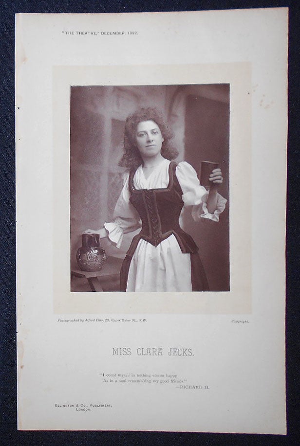 Item #009171 Carbon Print Photograph of Clara Jecks from The Theatre, December 1892. Alfred Ellis.