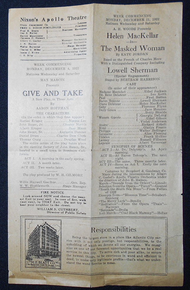 Item #009181 Nixon's Apollo Theatre Program -- Dec. 4 and 11 1922 [Helen MacKellar and Lowell Sherman]