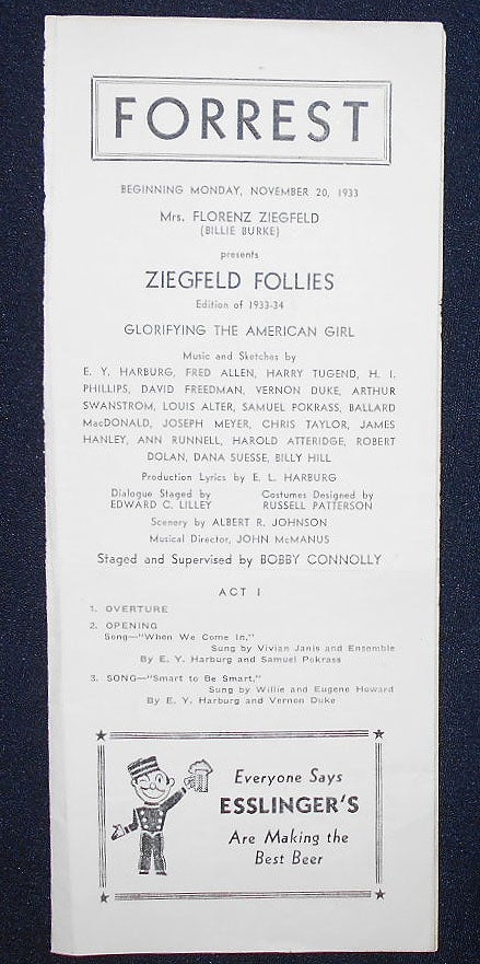 Item #009187 Forrest Theater Program for Ziegfeld Follies Edition of 1933-34: Glorifying the American Girl [Fanny Brice]