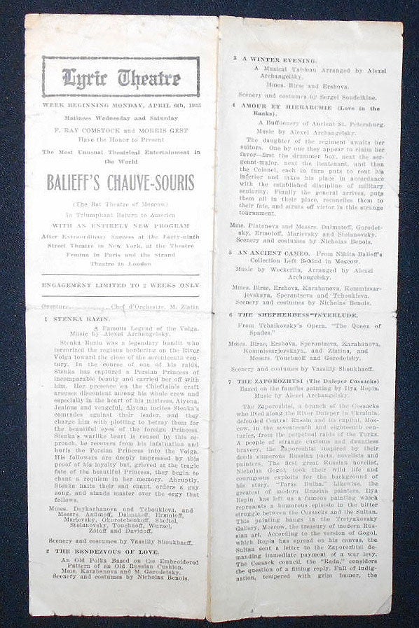 Item #009188 Lyric Theatre Program for Balieff's Chauve-Souris (The Bat Theatre of Moscow)