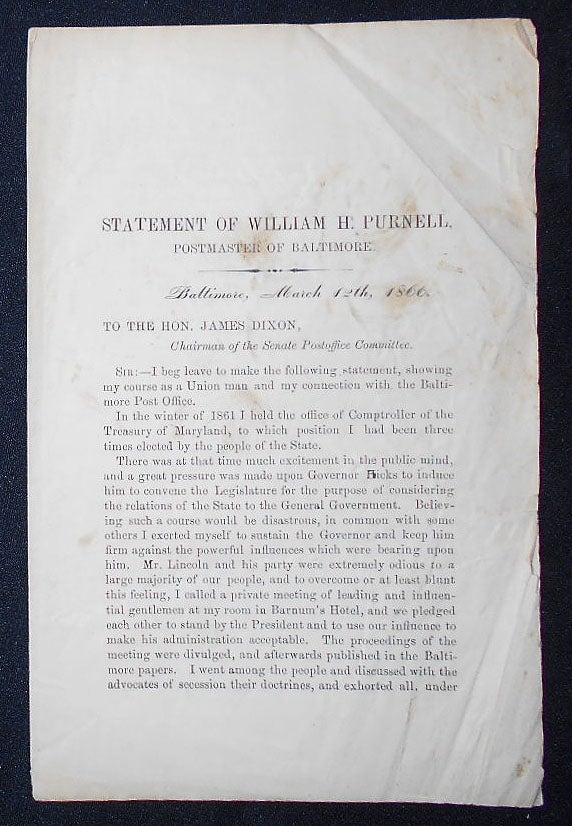 Item #009281 Statement of William H. Purnell, Postmaster of Baltimore. William H. Purnell.