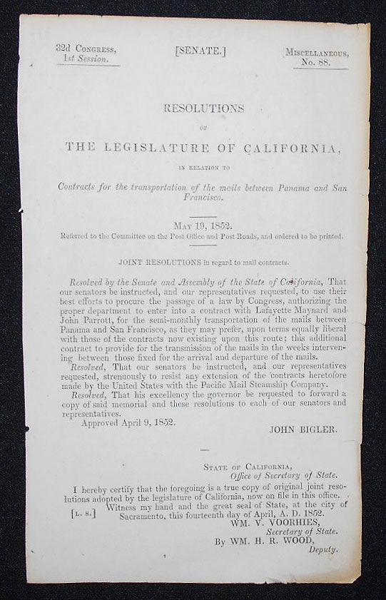 Item #009297 Resolutions of the Legislature of California, in Relation to Contracts for the Transportation of the Mails between Panama and San Francisco. John Bigler.