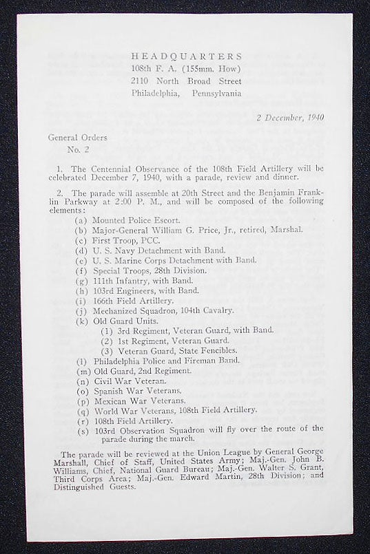 Item #009301 General Orders No. 2 [Program for Centennial Observance of the 108th Field Artillery]. William W. Griffin.