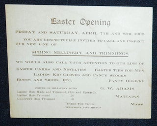 Item #009419 Advertising Card for G. W. Adams Millinery in Mattapan, Massachusetts, 1905. G. W....