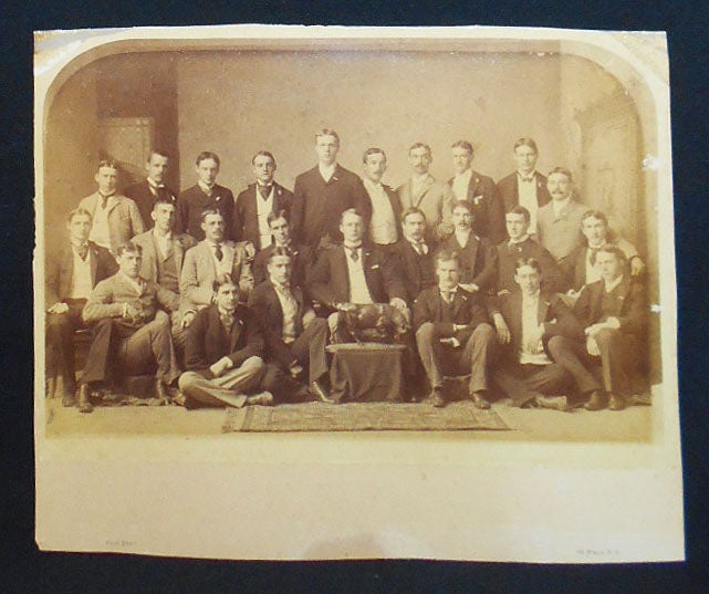 Item #009573 Late 19th-Century Sepia Photograph of Group of Young New York Stockbrokers? with Statue of Bull