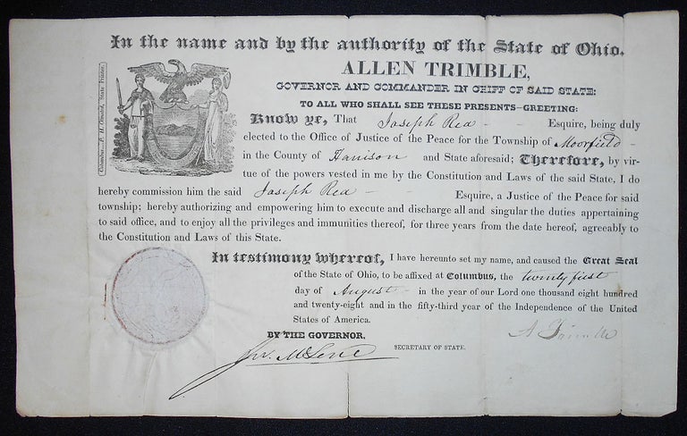 Item #009609 Justice of the Peace Commission for Joseph Rea signed by Gov. Allen Trimble of Ohio 1828. Allen Trimble, Jeremiah McLene, John Russel, Joseph Rea.