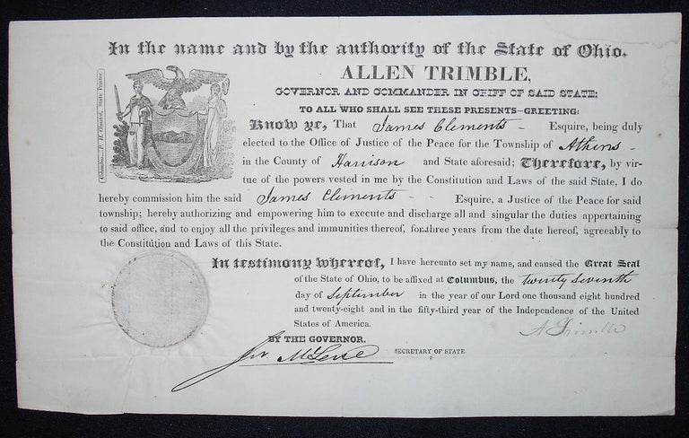 Item #009611 Justice of the Peace Commission for James Clements signed by Gov. Allen Trimble of Ohio 1828. Allen Trimble, Jeremiah McLene, James Clements.