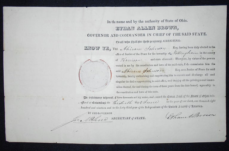 Item #009614 Justice of the Peace Commission for Abiram Johnson signed by Gov. Ethan Allen Brown of Ohio 1819. Ethan Allen Brown, Jeremiah McLene, William Wyckoff, Abiram Johnson.