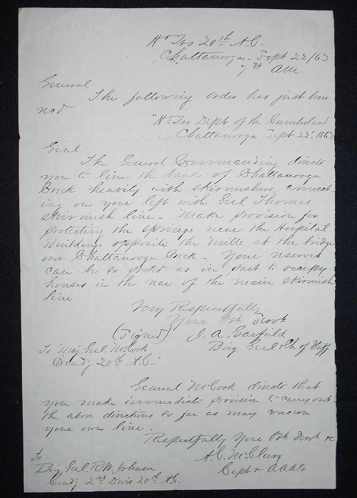 Item #009617 Handwritten Letter from Acting Assistant Adj. Gen. Alexander C. McClurg to Brig. Gen. R. W. Johnson from Chattanooga, TN, Sept. 1863. Alexander C. McClurg.