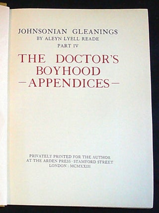 Johnsonian Gleanings Part IV: The Doctor's Boyhood -- Appendices