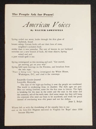 Item #011408 American Voices: The People Ask for Peace! Walter Lowenfels