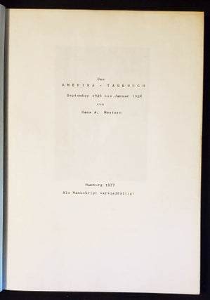 Das Amerika Tagebuch: September 1926 bis Januar 1928 von Hans A. Mestern